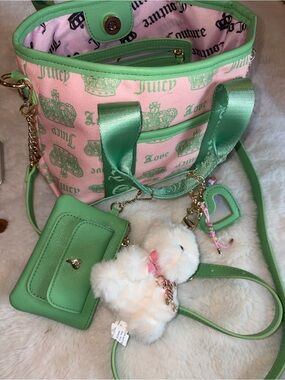 Juicy Couture Green & Pink Logo Tote Bag with Plush Charm